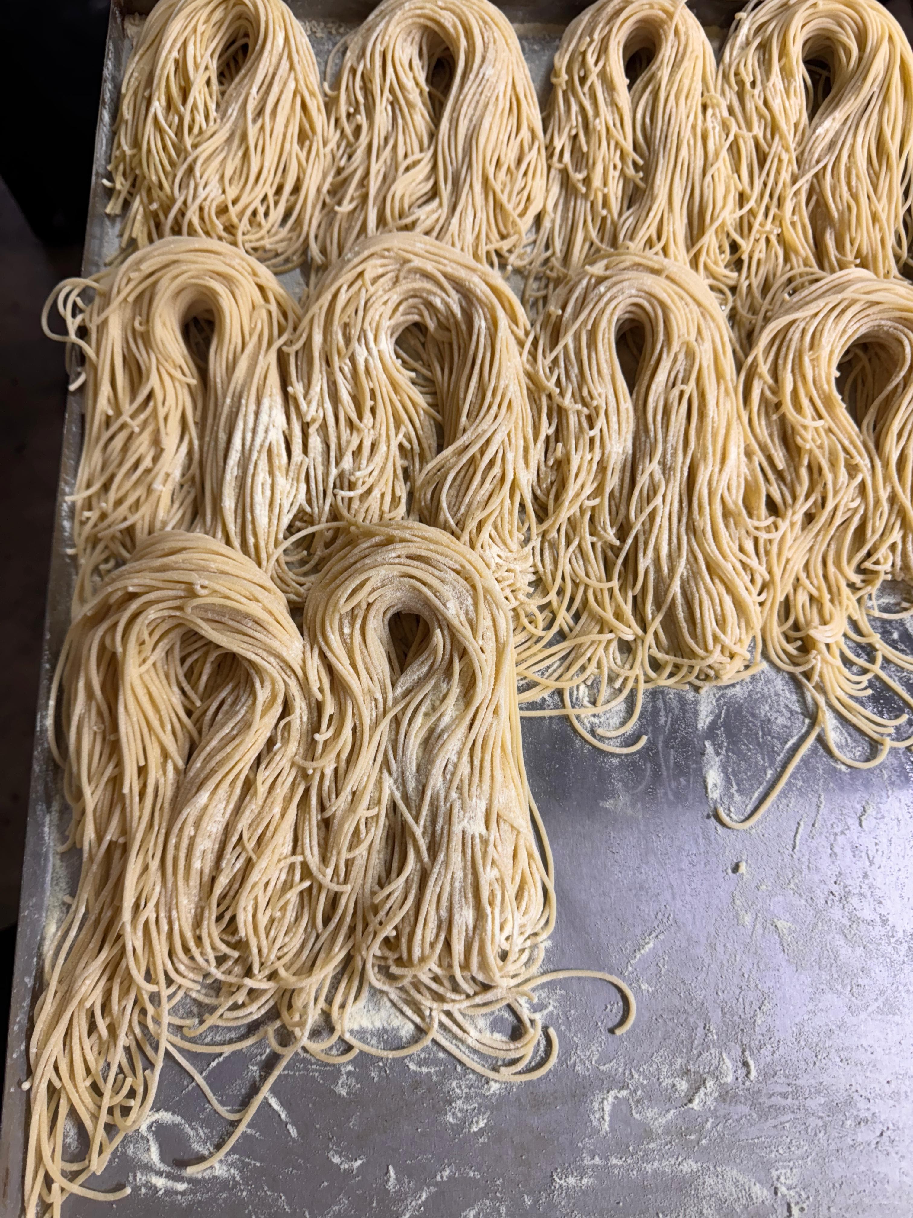 Rows of fresh bronze-extruded spaghetti nests on a floured tray