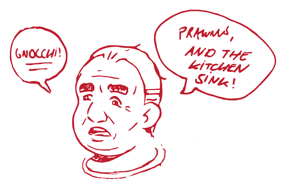 Lello's family sketch with speech bubbles reading Gnocchi and Prawns, and the kitchen sink