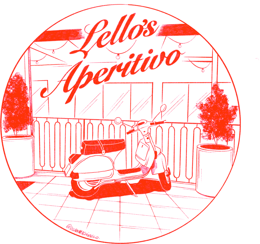 Lello's Aperitivo coaster illustration with a classic Vespa parked outside the trattoria