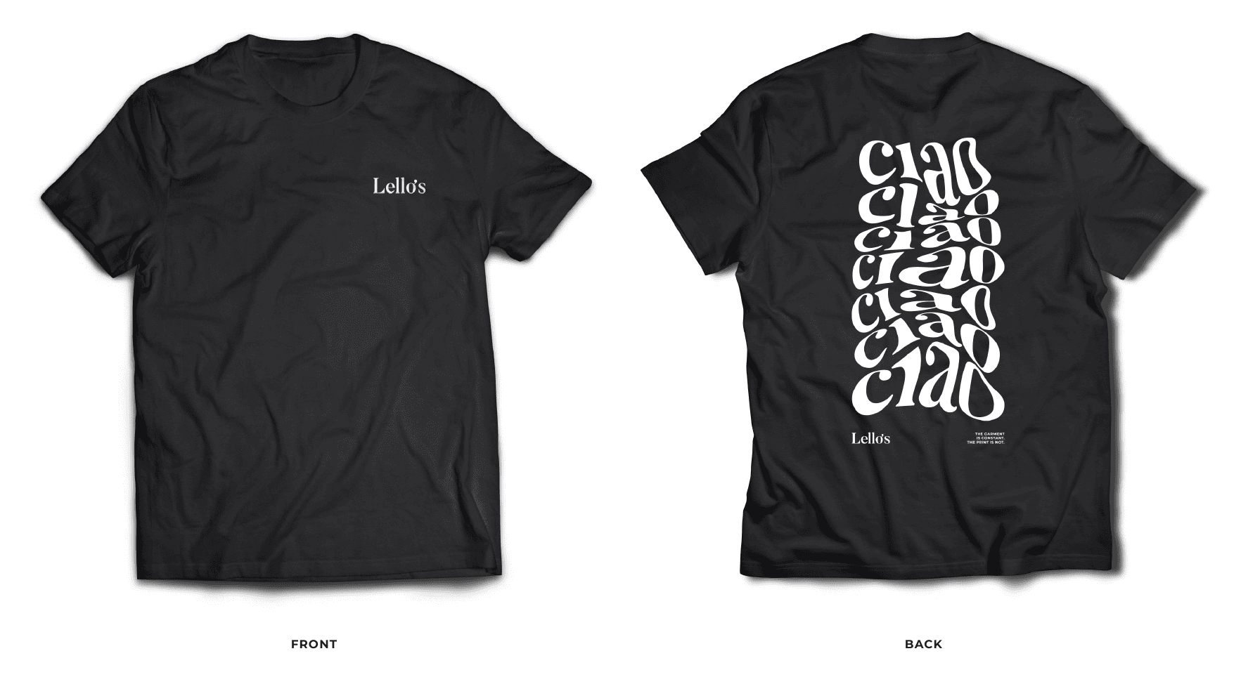 Lello's Ciao tee — front with embroidered logo, back with the warped Ciao print